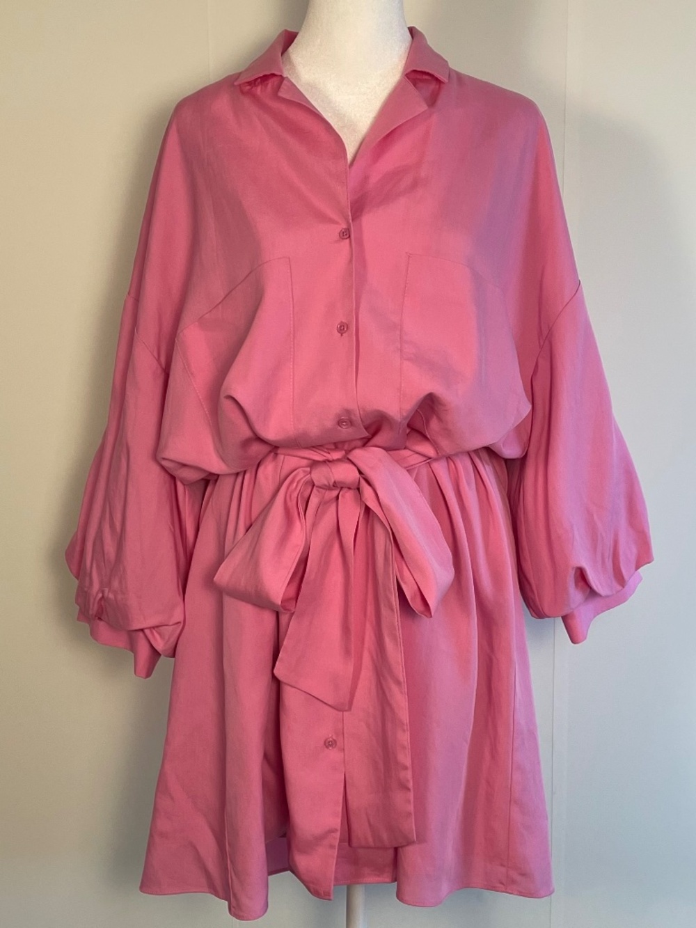 ENDLESS ROSE Mini Shirt Dress Blouson Sleeve Pink Belted Barbiecore - Size Large